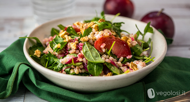 Insalata di orzo con prugne e rucola